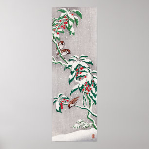 Ohara Koson Sparrows on snowy berry bush Poster
