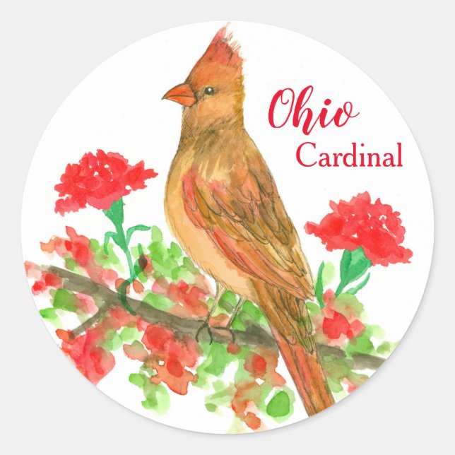 Ohio Bird Cardinal Red Carnations Flower Classic Round Sticker (Front)