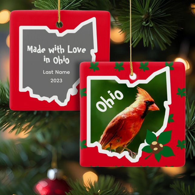 Ohio Christmas Ornament with Cardinal and Buckeyes (A Buckeye Ohio Christmas ornament with the state's bird and tree also allows you to customize.)