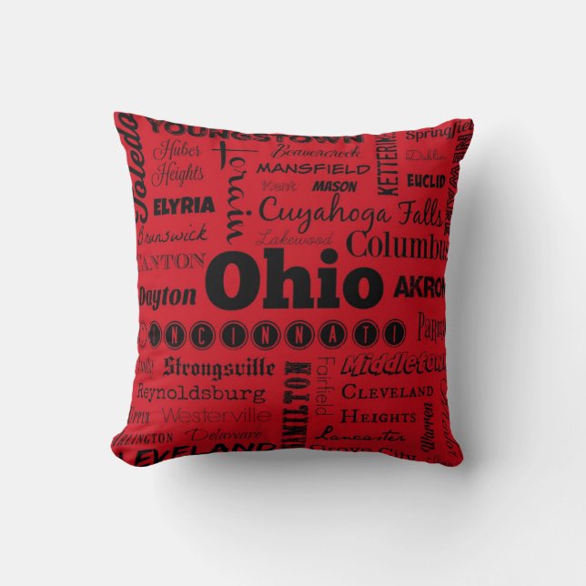 Ohio cities typography throw pillow in red/black (Front)