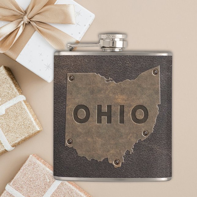 Ohio Faux Leather Monogrammed Hip Flask (A masculine Ohio state map outline in faux leather makes this flask a perfect gift for groomsmen.)