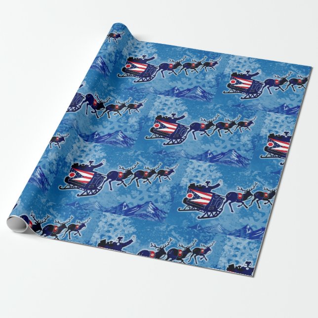Ohio flag Santa sleigh Christmas wrap paper (Unrolled)