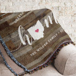 Ohio Home State Personalised Wood Look Throw Blanket<br><div class="desc">Show some home state pride with this cute rustic faux wood plank throw blanket featuring "home" in white calligraphy script lettering with a silhouette map of the state of Ohio standing in for the letter "O." A pink heart illustration inside the state map completes the design; you can change the...</div>