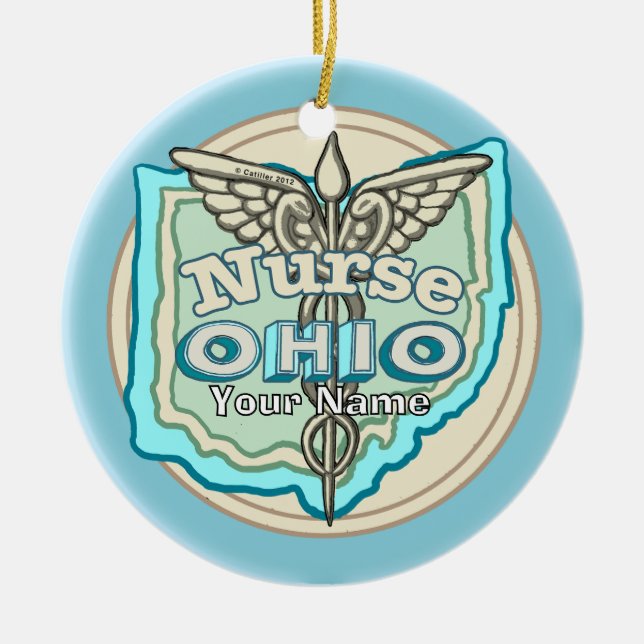 Ohio Nurse Caduceus Ceramic Tree Decoration (Front)