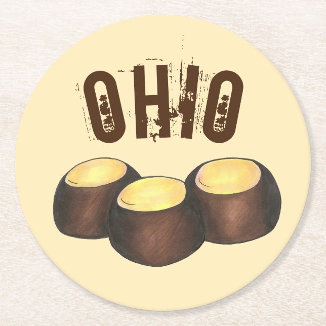 Ohio OH Peanut Butter Buckeye Buck Eye Nut Candy Round Paper Coaster (Front)