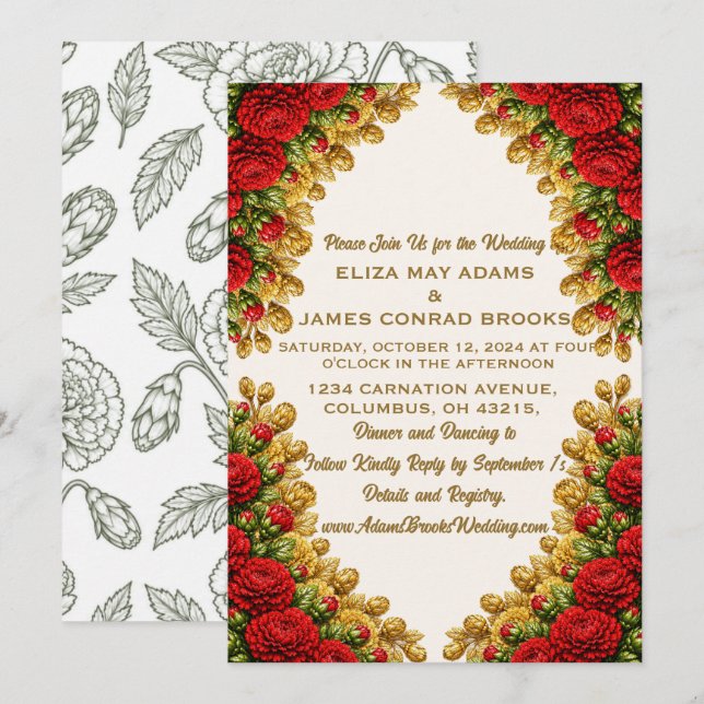 Ohio Red Carnation Vertical Wedding Invitation (Front/Back)