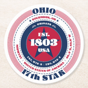 Ohio Red White Blue Typography Round Paper Coaster