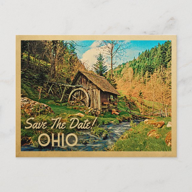 Ohio Save The Date Rustic Cabin Mill Woods Announcement Postcard (Front)