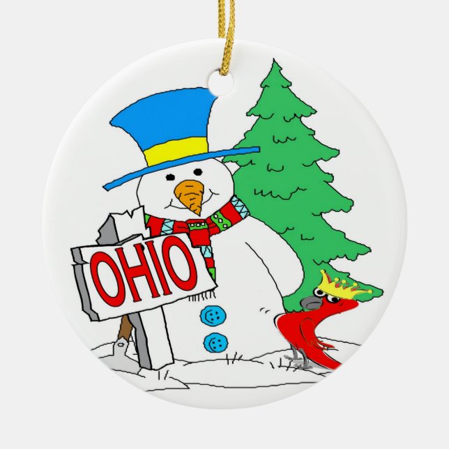 Ohio Snowman Cardinal Ceramic Tree Decoration (Front)