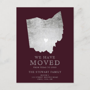 Ohio  state map burgundy silver home moving announcement postcard