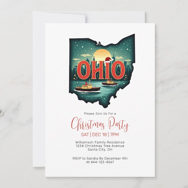 Ohio State Map Christmas Holiday Party Invitation (Front)