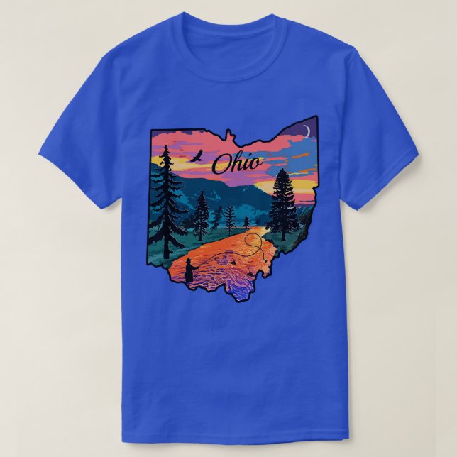 Ohio State Map Mountain Sunset River Fishing Retro T-Shirt (Design Front)