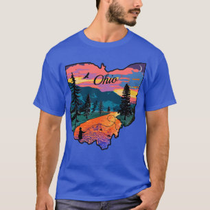 Ohio State Map Mountain Sunset River Fishing Retro T-Shirt