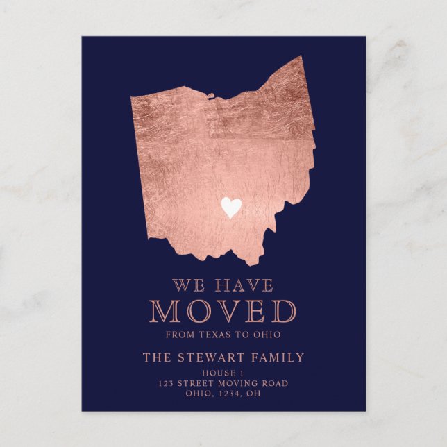 Ohio  state map navy rose gold home moving announcement postcard (Front)