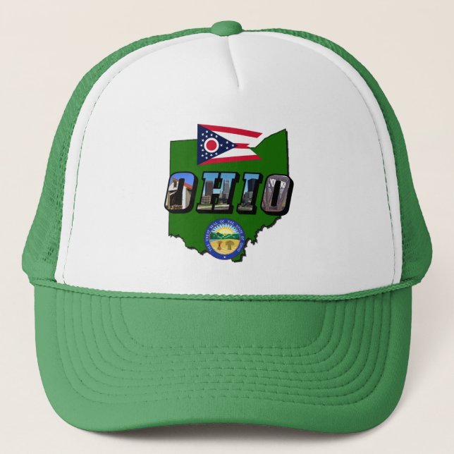 Ohio State Map, Picture Text, Flag and Seal Trucker Hat (Front)