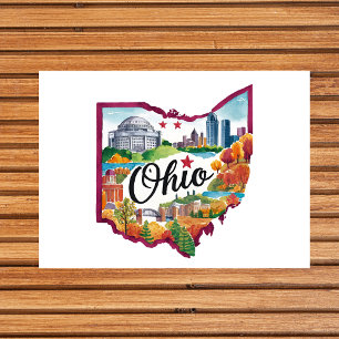 Ohio USA State Shaped Vintage Watercolor  Postcard
