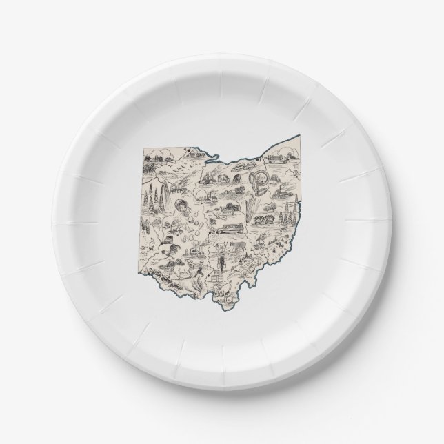 Ohio Vintage Picture Map Paper Party Plates (Front)