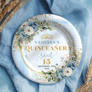 oho Dusty Blue Floral Eucalyptus Gold Quinceañera  Paper Plate