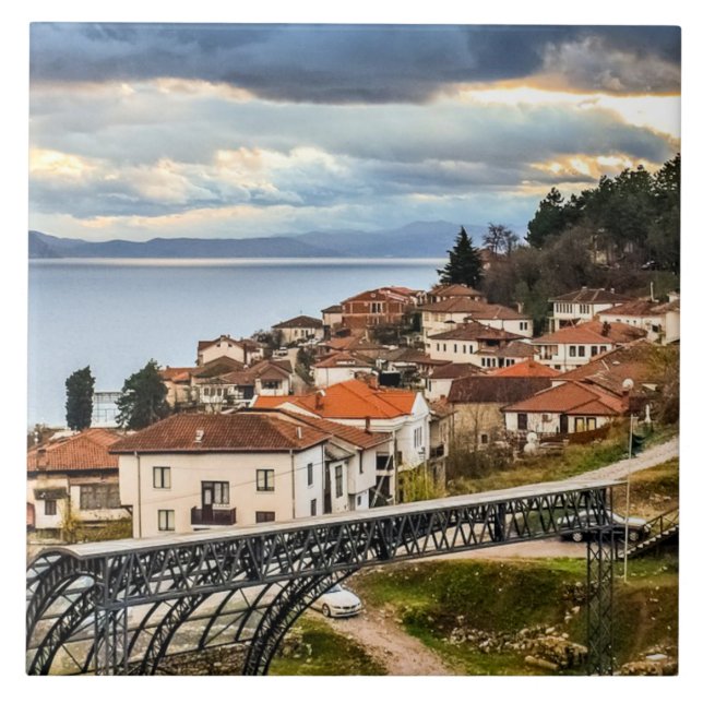 Ohrid, N. Macedonia, cityscape photograph, Tile (Front)