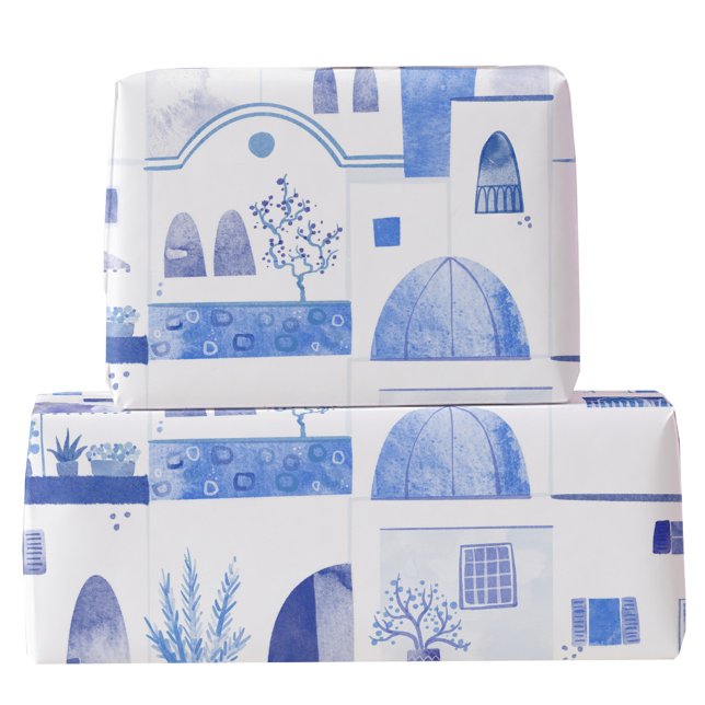 Oia Santorini Greece Watercolor Townscape Painting Wrapping Paper (Santorini Oia Greece blue and white pattern gift wrapping paper roll)