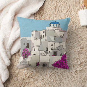 Oia Santorini Island Greece Whimsical Illustration Cushion