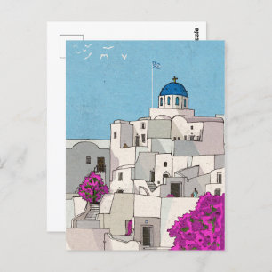 Oia Santorini Island Greece Whimsical Illustration Postcard