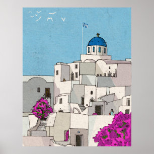 Oia Santorini Island Greece Whimsical Illustration Poster