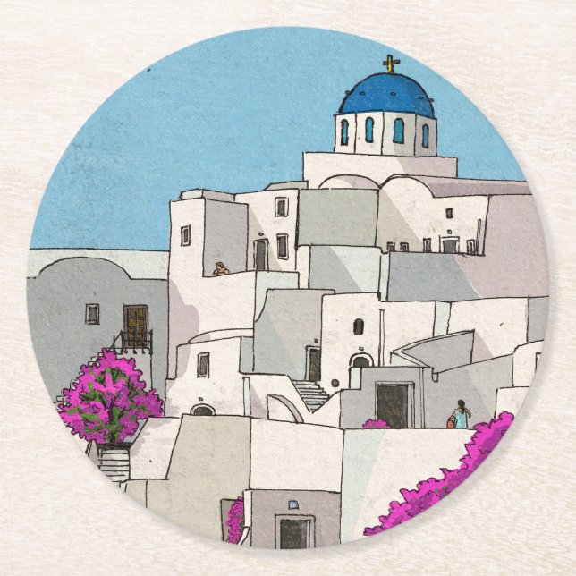 Oia Santorini Island Greece Whimsical Illustration Round Paper Coaster (Front)