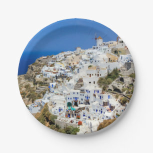 Oia village on Santorini island, north, Greece Paper Plate