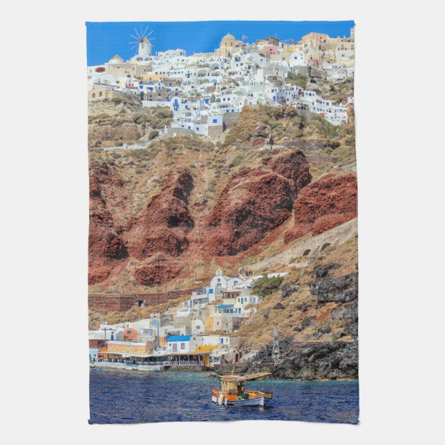 Oia village on Santorini island, north, Greece Tea Towel (Vertical)