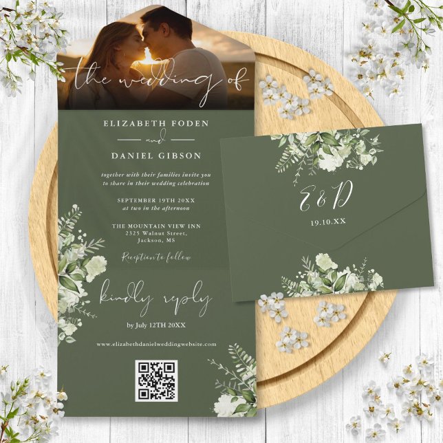 OIive Green Floral Greenery QR Code Wedding Photo All In One Invitation (OIive Green Floral Greenery QR Code Wedding Photo All In One Invitation)