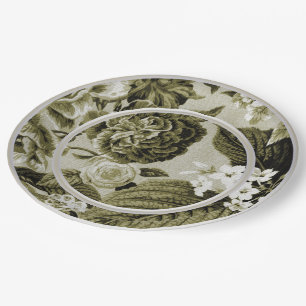 OIive Green Floral Toile No.1 Paper Plate