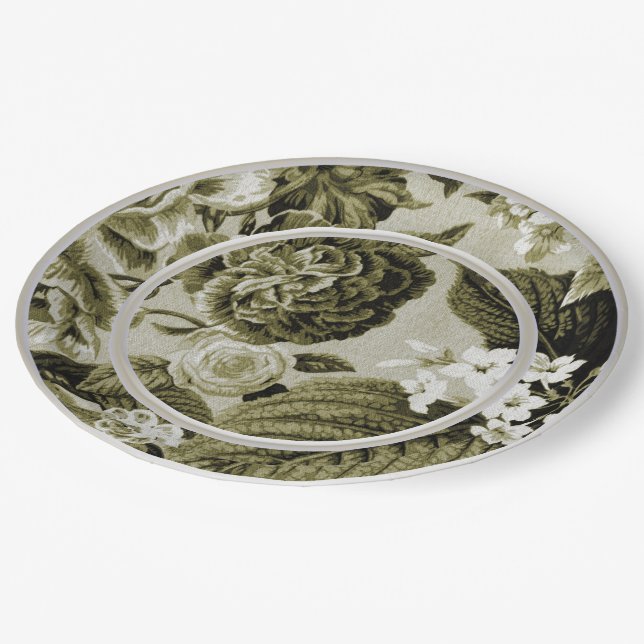 OIive Green Floral Toile No.1 Paper Plate (Angled)