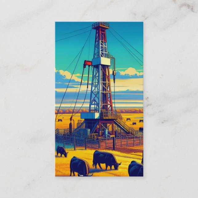 Oil And Gas Industry Drilling Rig and Cattle  Business Card (Front)