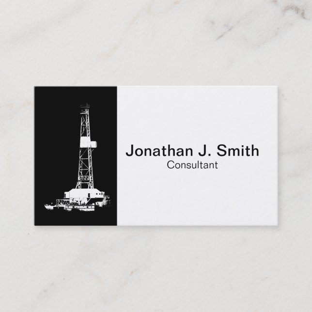 Oil Drilling Rig Black, White Business Card (Front)