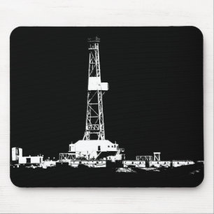 Oil Drilling Rig in White on Black Mouse Mat