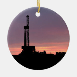 Oil Drilling Rig   Purple Orange Sunset Dated Ceramic Tree Decoration