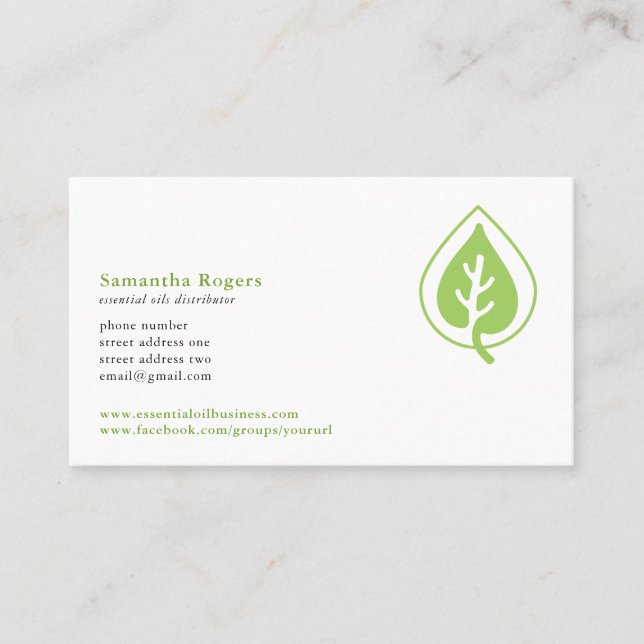 Oil Drop and Leaf Logo Pattern Essential Oils Business Card (Front)
