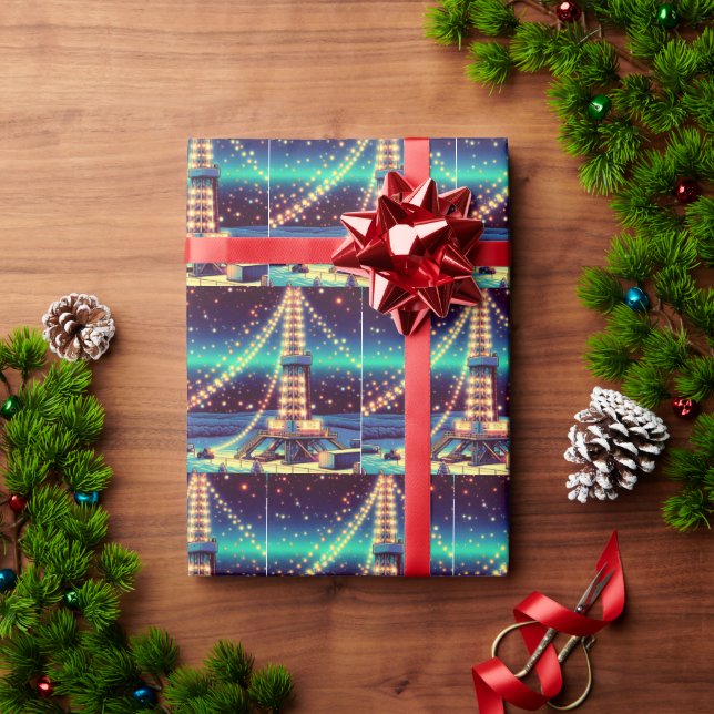 Oil Gas Drilling Rig With Christmas Lights Wrapping Paper (Holiday Gift)