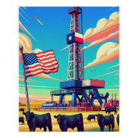 Oil Gas Drilling Scene Cattle And Flag