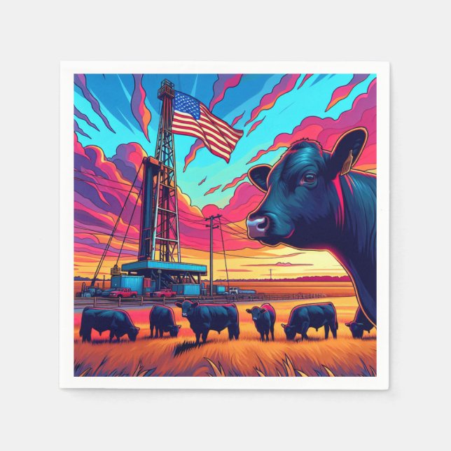  Oil Gas Rig At Sunset  Cattle and American Flag 2 Napkin (Front)