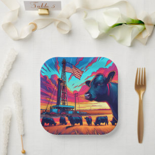  Oil Gas Rig At Sunset  Cattle and American Flag 2 Paper Plate