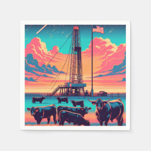 Oil Gas Rig At Sunset Cattle and American Flag Napkin