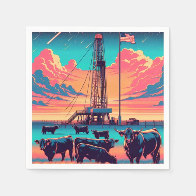  Oil Gas Rig At Sunset  Cattle and American Flag Napkin (Front)