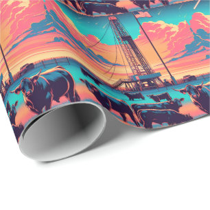  Oil Gas Rig At Sunset  Cattle and American Flag Wrapping Paper
