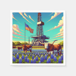 Oil Gas Rig Longhorn Cattle and American Flag Napkin