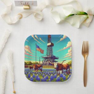 Oil Gas Rig Longhorn Cattle and American Flag Paper Plate