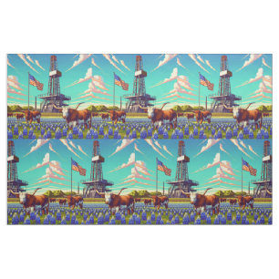 Oil Gas Rig Longhorn Steers Bluebonnets American  Fabric