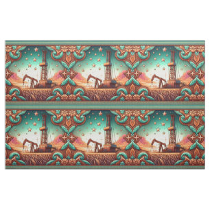 Oil Gas Rig With Leather Print Border Fabric