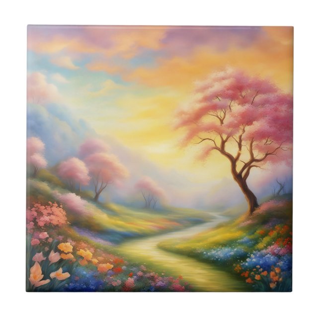 oil paint a spring landscape with river tile (Front)
